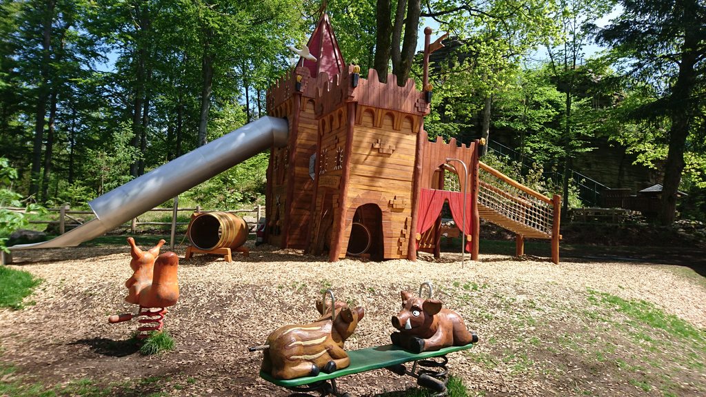 Holzburg mit Rutsche, Kletterseil und Tier-Wippen auf dem Spielplatz an den Greifensteinen. (Link öffnet Bild vergrößert in einem Popupfenster)
